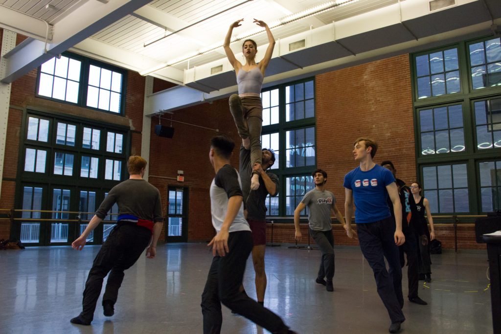 New Moves Rehearsals. Dancer Amanda DeVenuta and Gustavo Ribeiro with Kansas City Ballet Dancers and Choreographer Mariana Oliveira. Photography by Elizabeth Stehling